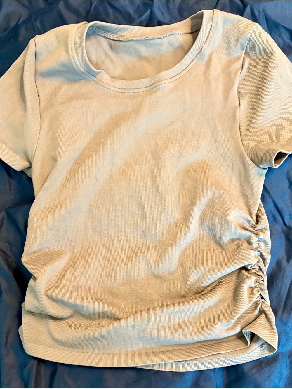 OQQ Ruched Fitted Tee Taupe Brown Short Sleeve Second Skin Top Size Small